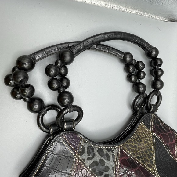 Vtg Bueno Handbag Faux Leather Animal Print Argyle Patchwork Shoulder Purse Bead - Picture 5 of 13